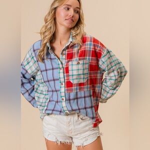 BiBi Color Block Plaid Button Down Shirt